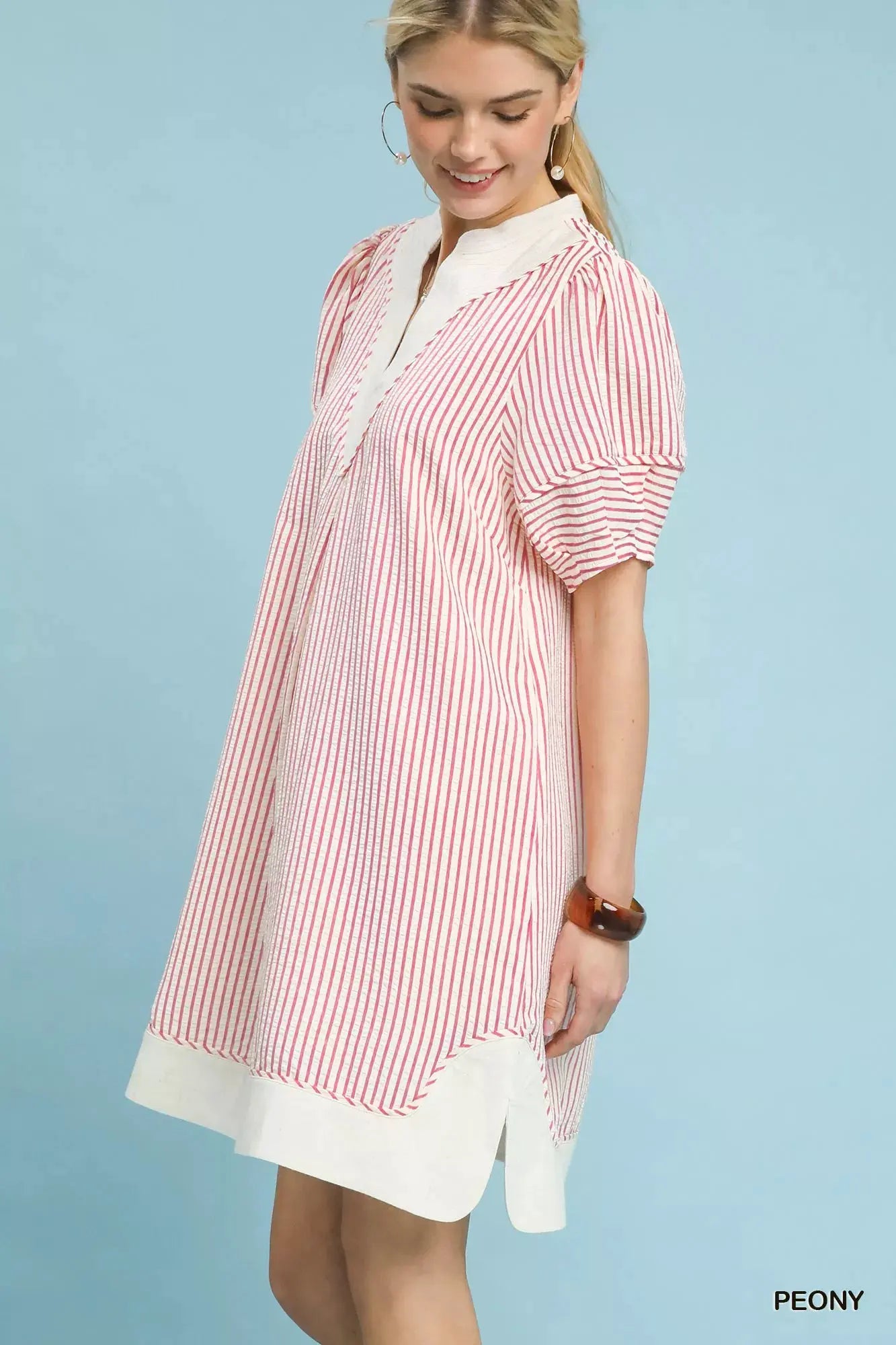 Umgee Pinstripe Shift Dress with Contrast Trim by Umgee
