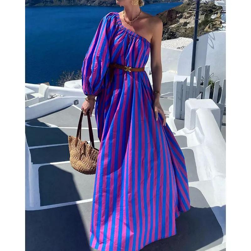Fashion Personalized Oblique Shoulder Boho Striped Women's Mid-length Dress by Anybestbuy Store