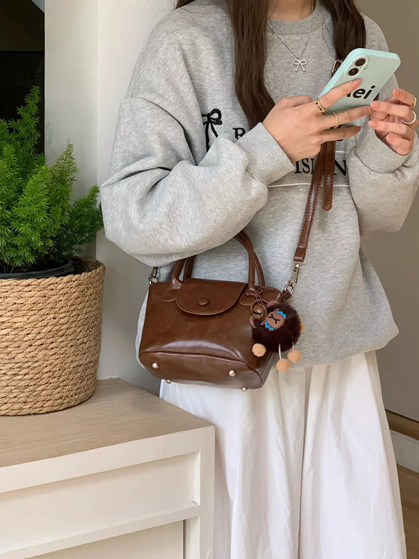 Two-Tone Flap Decor Crossbody Bag with Charm by Partner Label