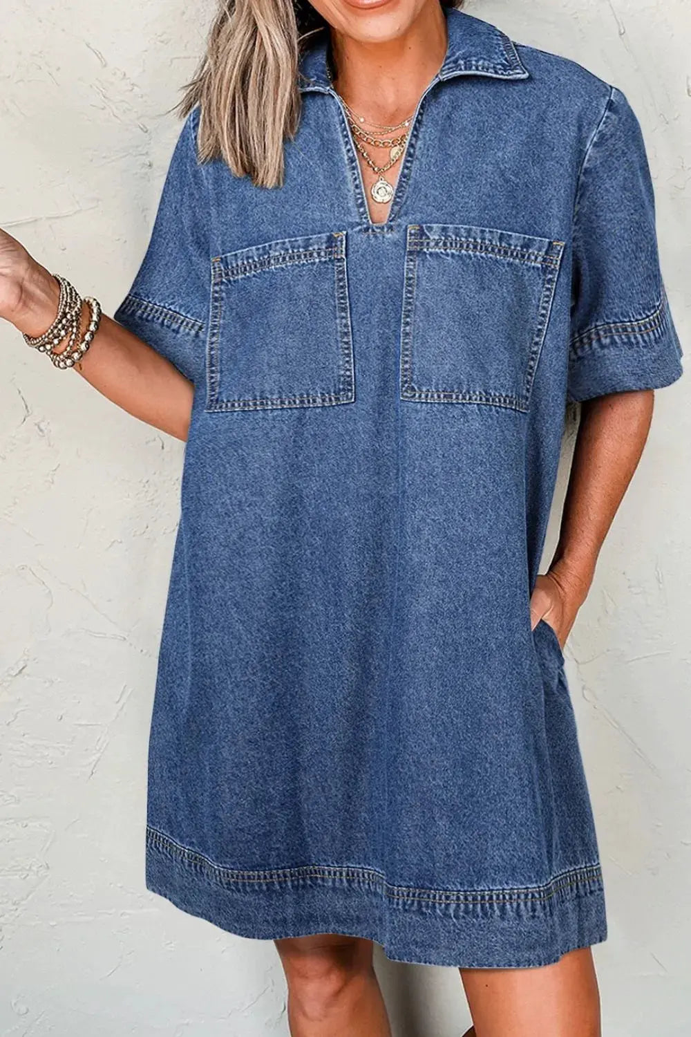 Short Sleeve Collared Patched Pocket Denim Mini Dress by Partner Label