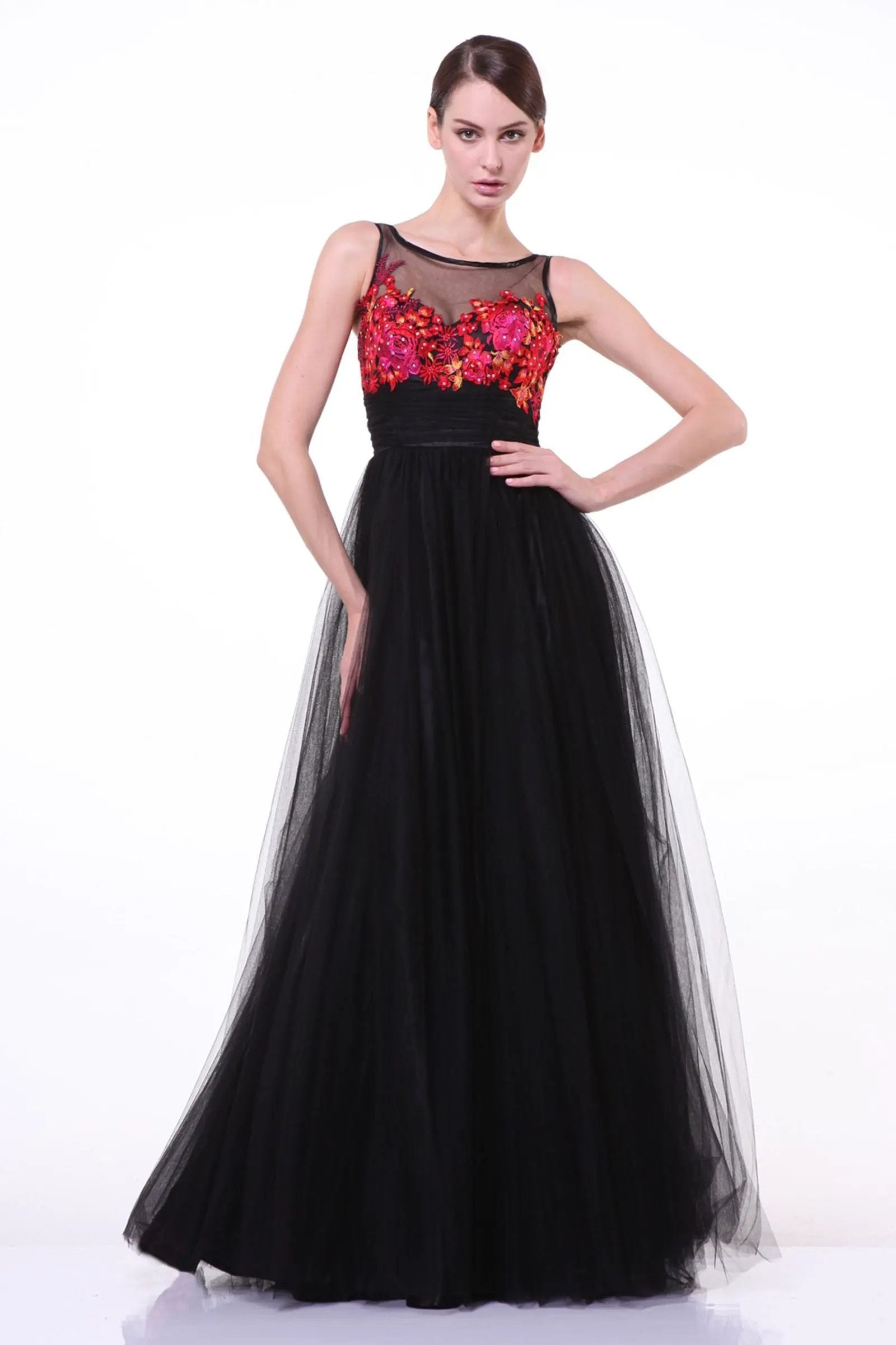 A-line dress with round illusion neckline and 3D flowers by Tux-USA