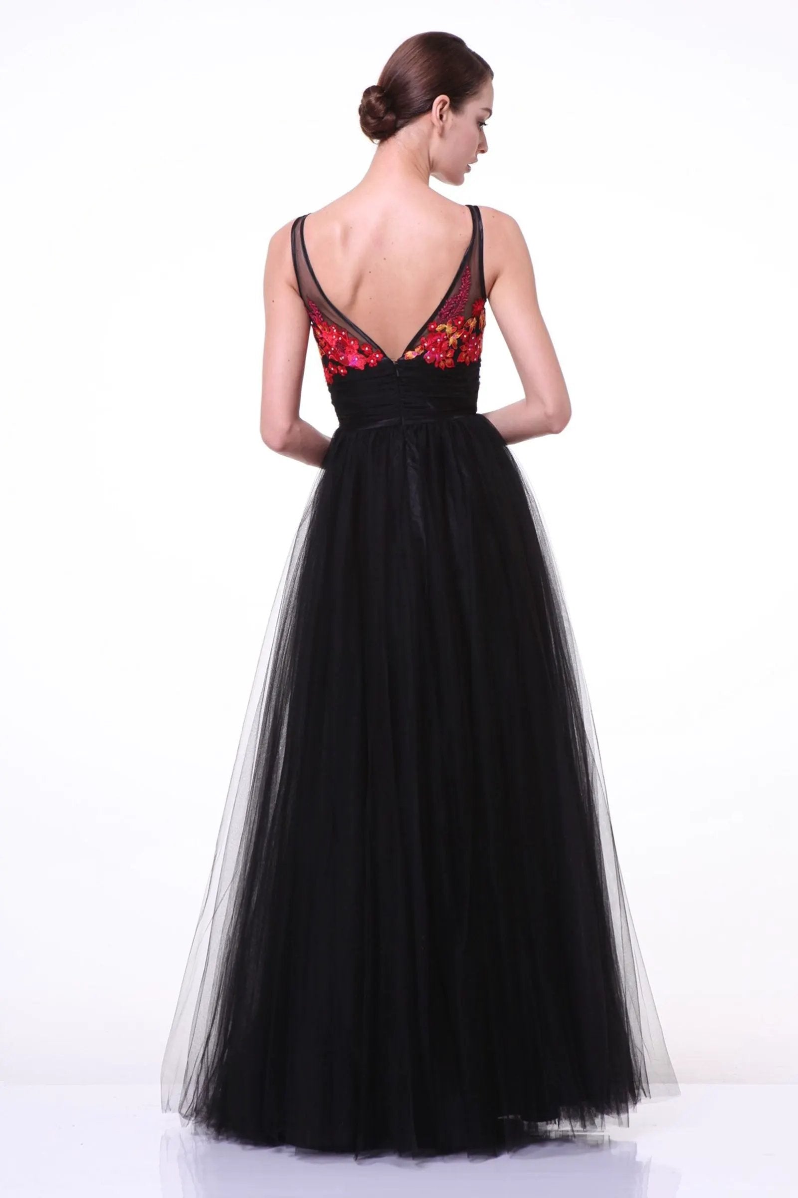 A-line dress with round illusion neckline and 3D flowers by Tux-USA