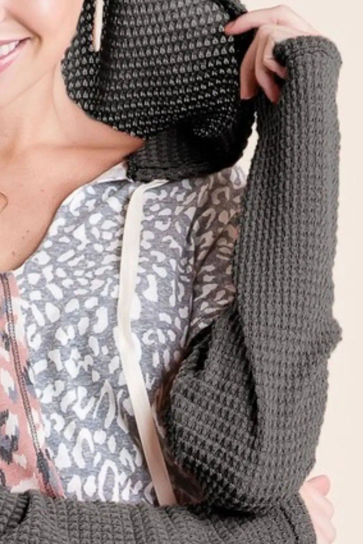 BiBi Popcorn Waffle Knit Hoodie With Print Block Front by BiBi