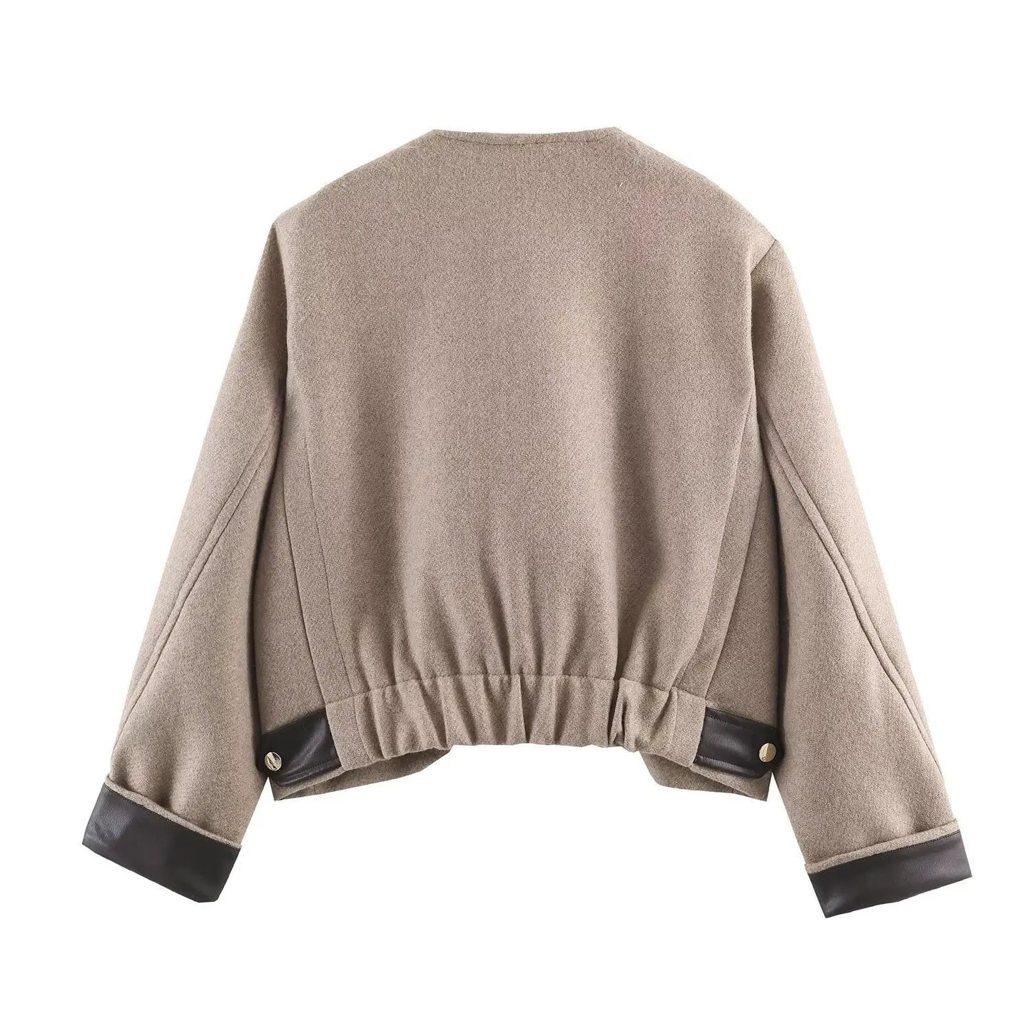 Women's Jacket Taupe Wool Blend Collarless BYMANYC ® New York SOHO LEATHER TRIM COLLARLESS JACKET - New Collection by BYMANYC ® New York