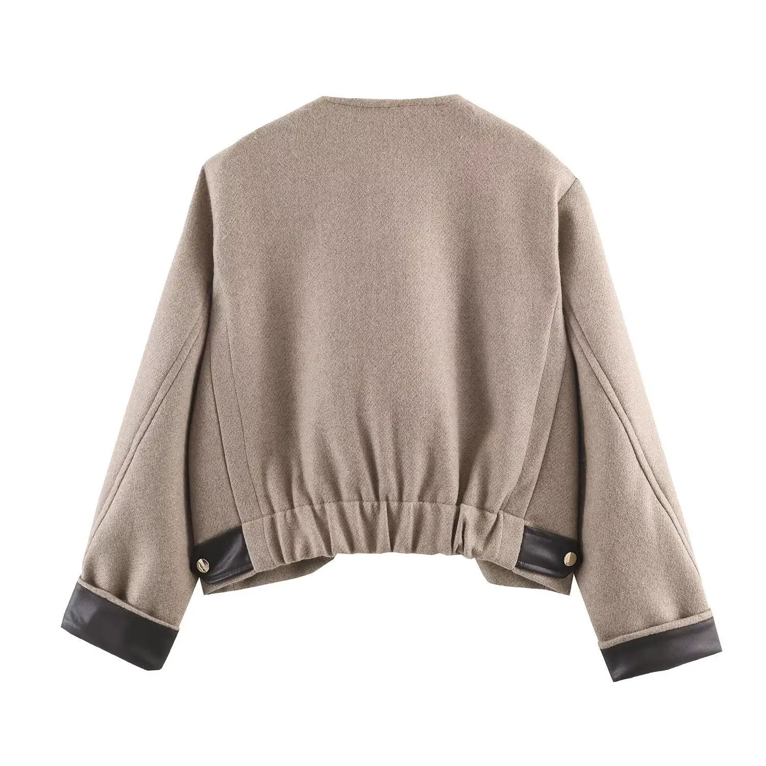 Women's Jacket Taupe Wool Blend Collarless BYMANYC ® New York SOHO LEATHER TRIM COLLARLESS JACKET - New Collection by BYMANYC ® New York