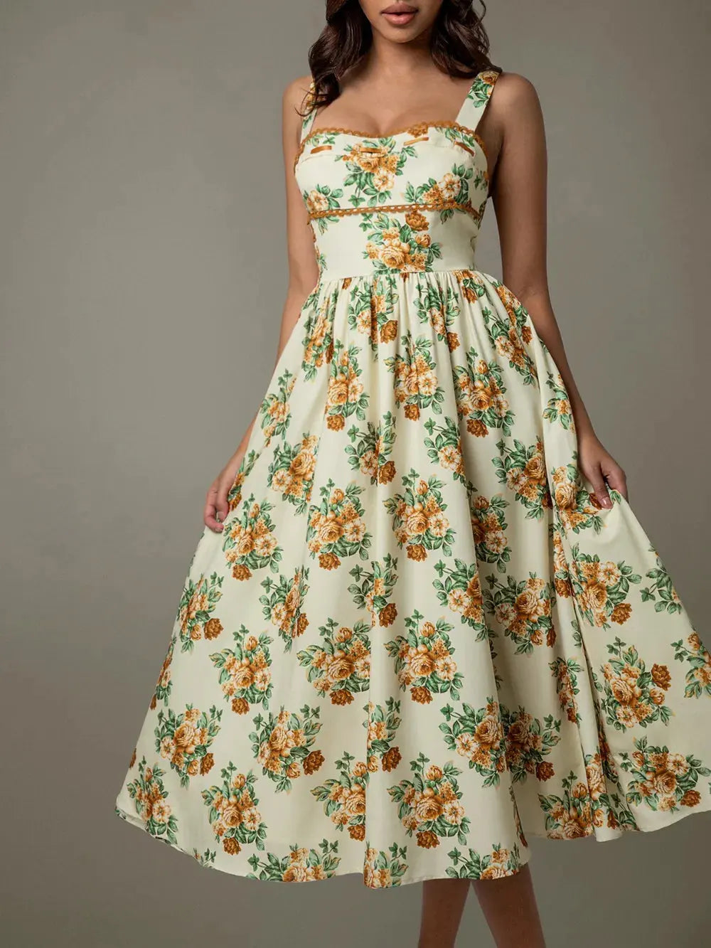 Lace Trim Floral Sleeveless Midi Dress by Partner Label