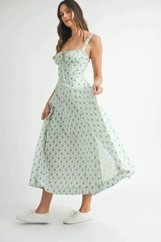 MABLE Floral Print Bustier Back Lace Up Midi Dress by MABLE