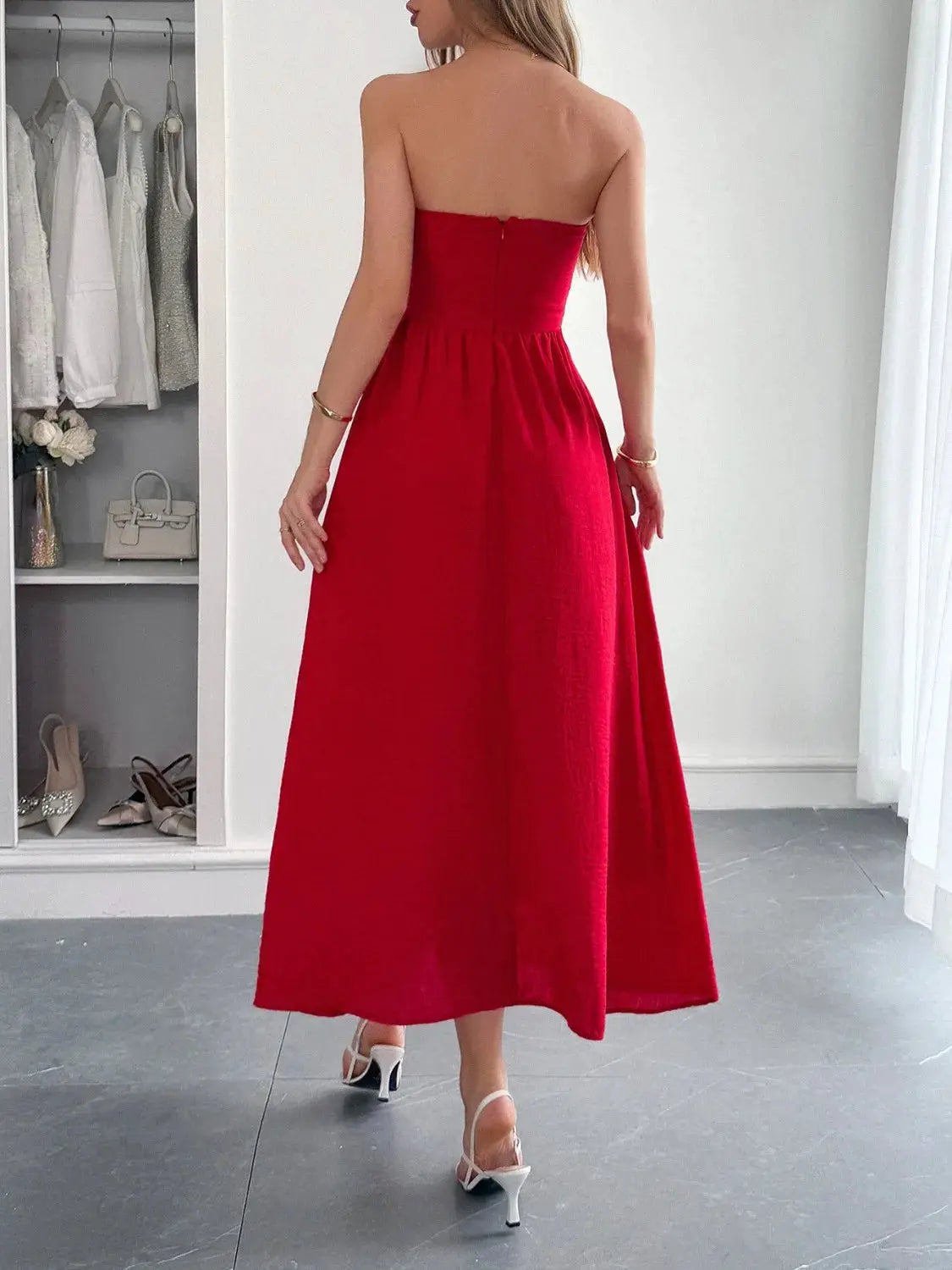 Strapless A-Line Midi Dress with Pockets by Partner Label