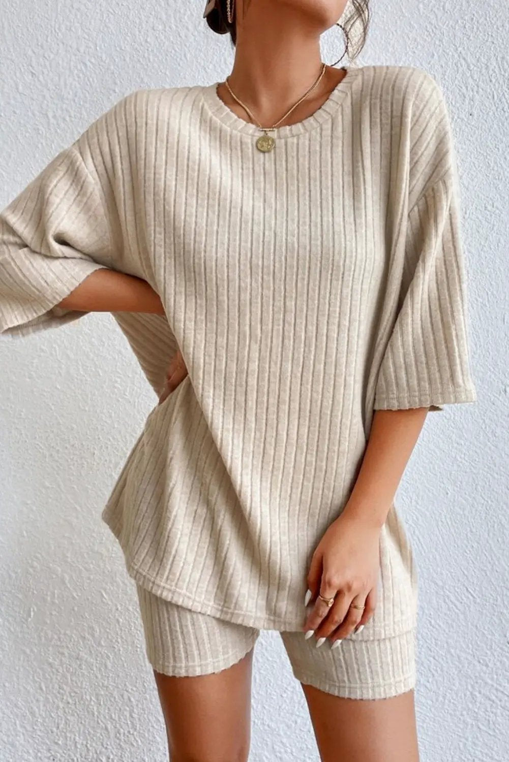 Round Neck Ribbed Top and Shorts Lounge Set by Partner Label