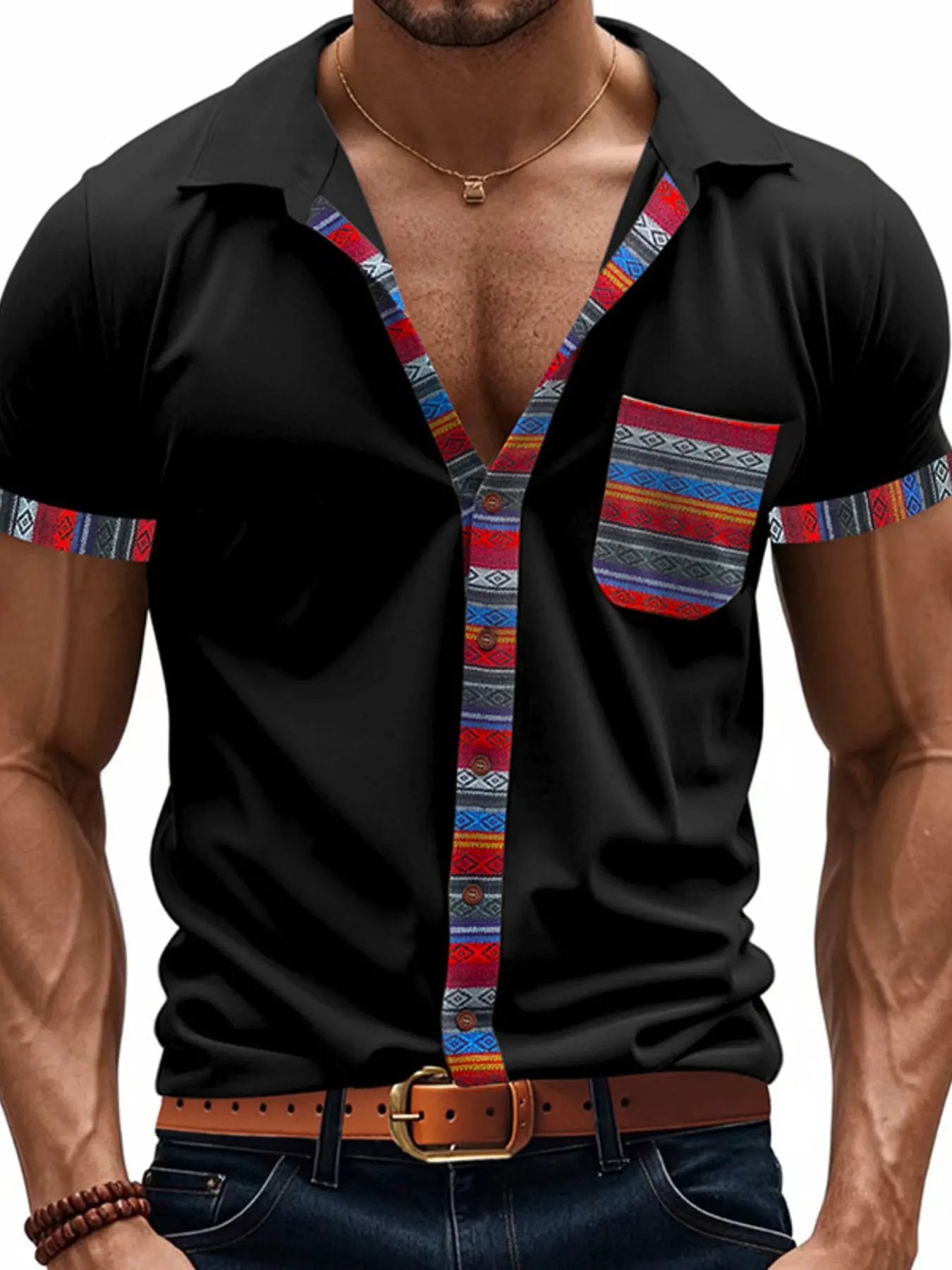 Men's Full Size Short Sleeve Shirt with Colorful Trim Plus Size by Trendsi
