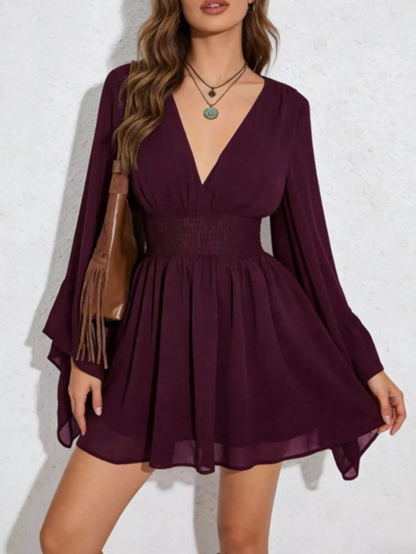 V-Neck Flowy Long Sleeve Mini Dress by Trendsi