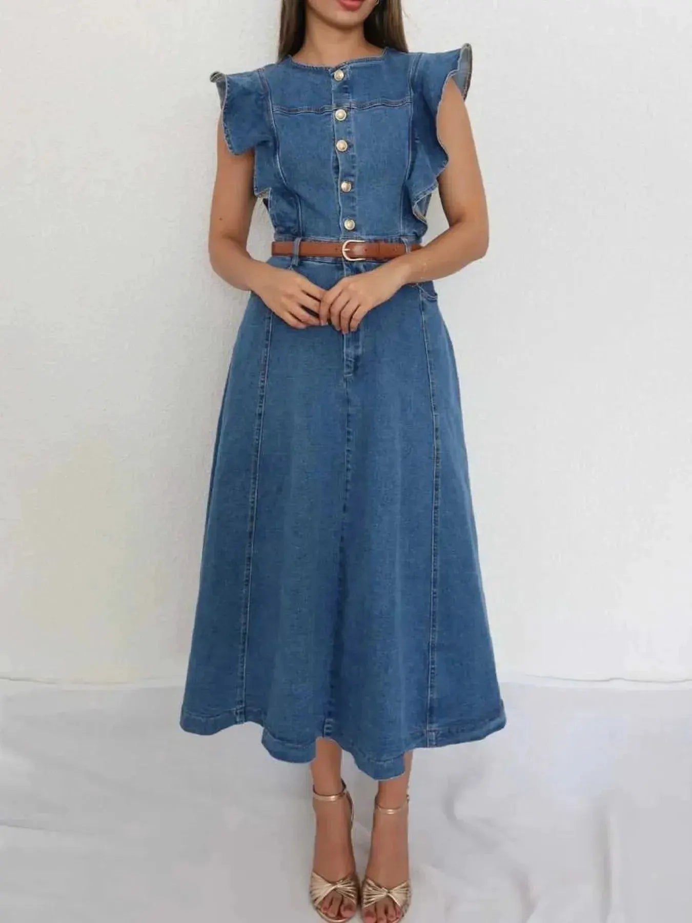 Button-Front Ruffle Sleeve Denim Midi Dress by Partner Label