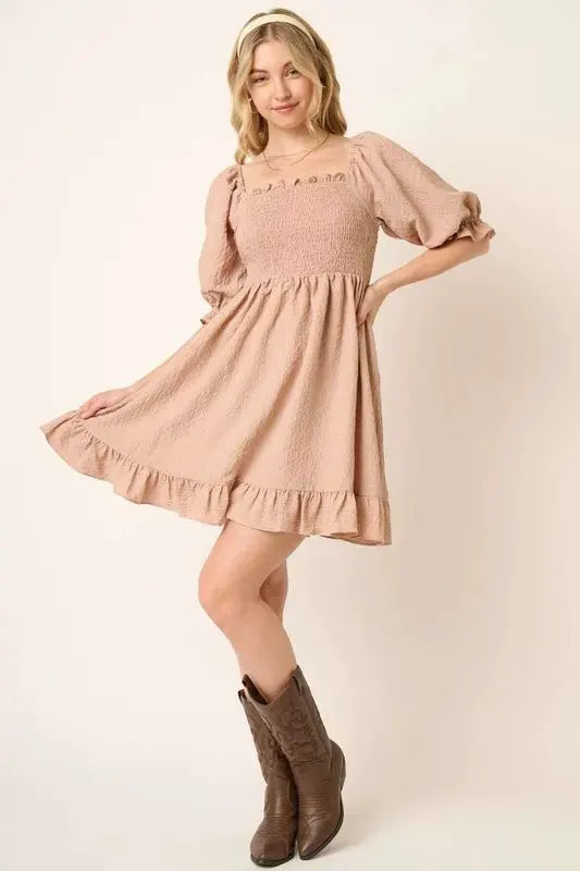 Mittoshop Smocked Ruffled Hem Half Sleeve Mini Dress by Mittoshop