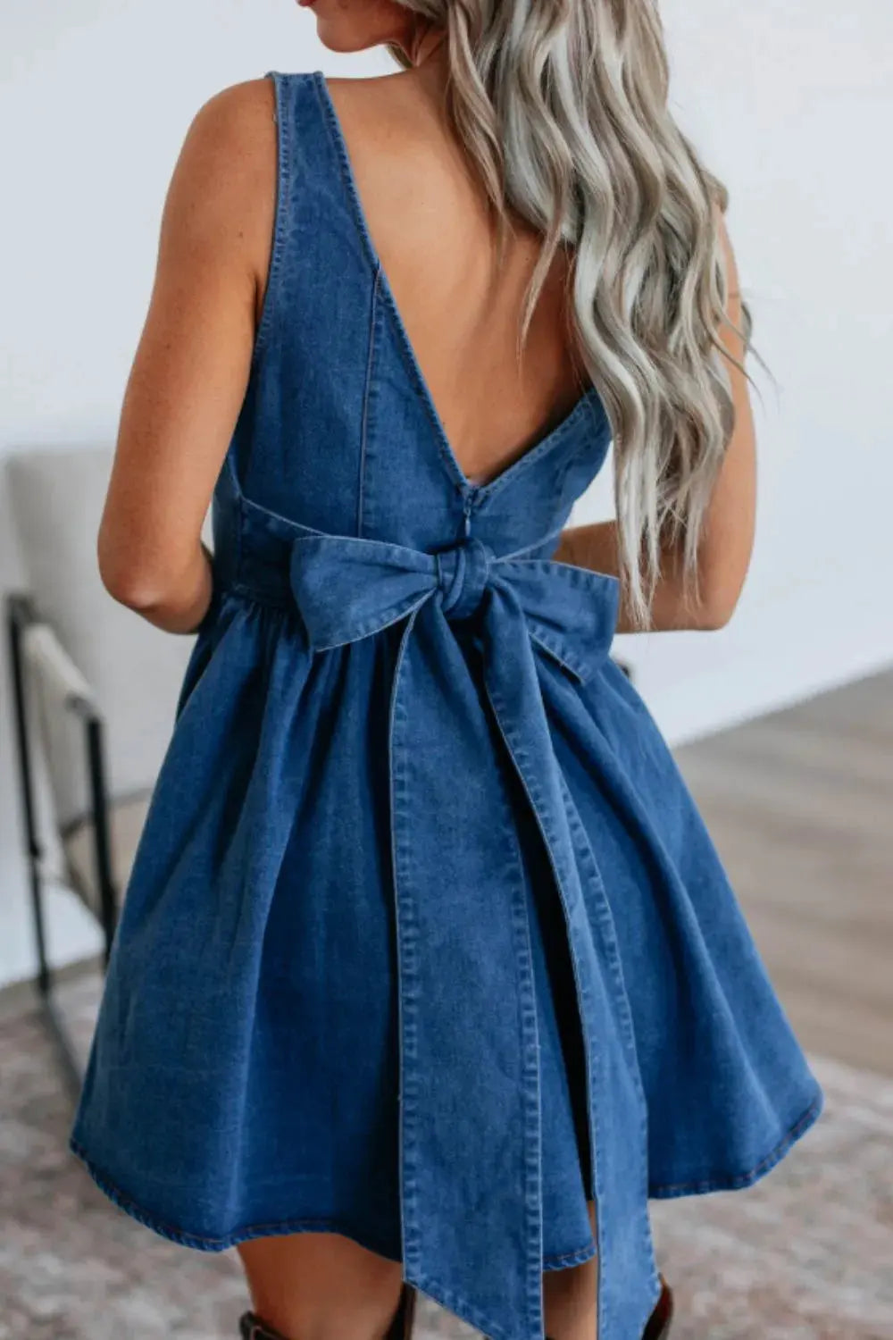V-Back Bow Tie Denim Skater Dress by Partner Label