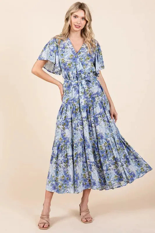 Mittoshop Floral Tie Waist Flutter Sleeve Tiered Dress by Mittoshop