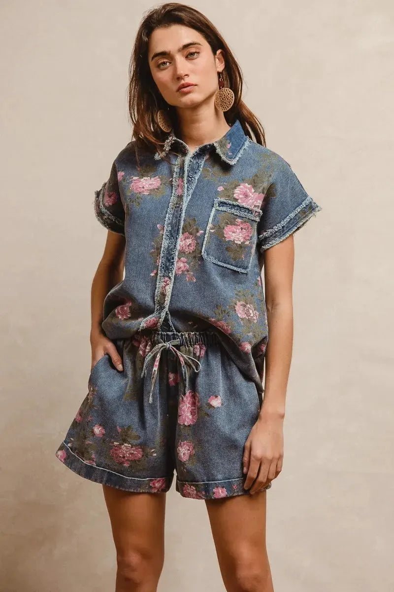 BiBi Floral Printed Denim Short Pants With Pocket by BiBi
