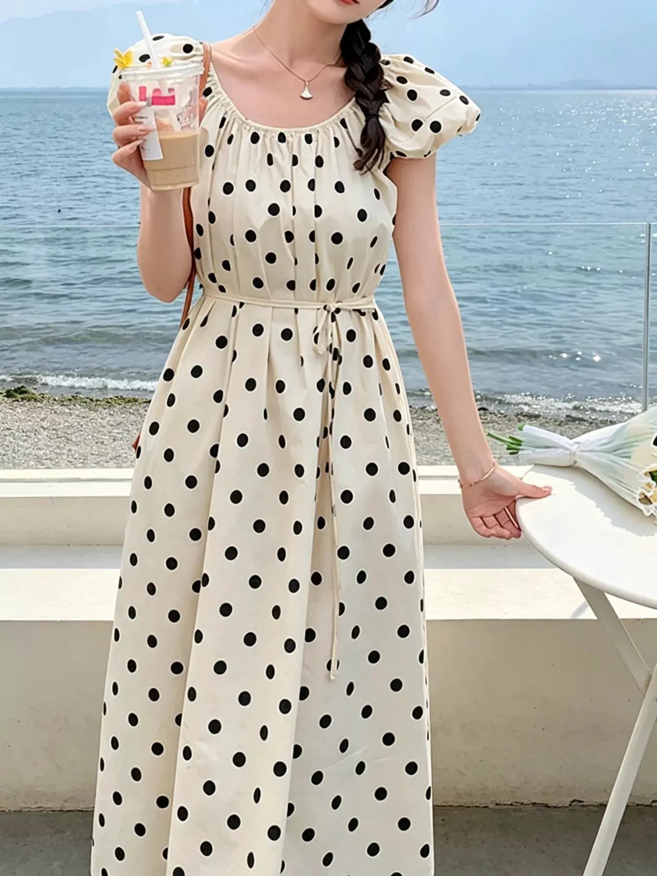 Polka Dot Puff Sleeve Midi Dress by Trendsi