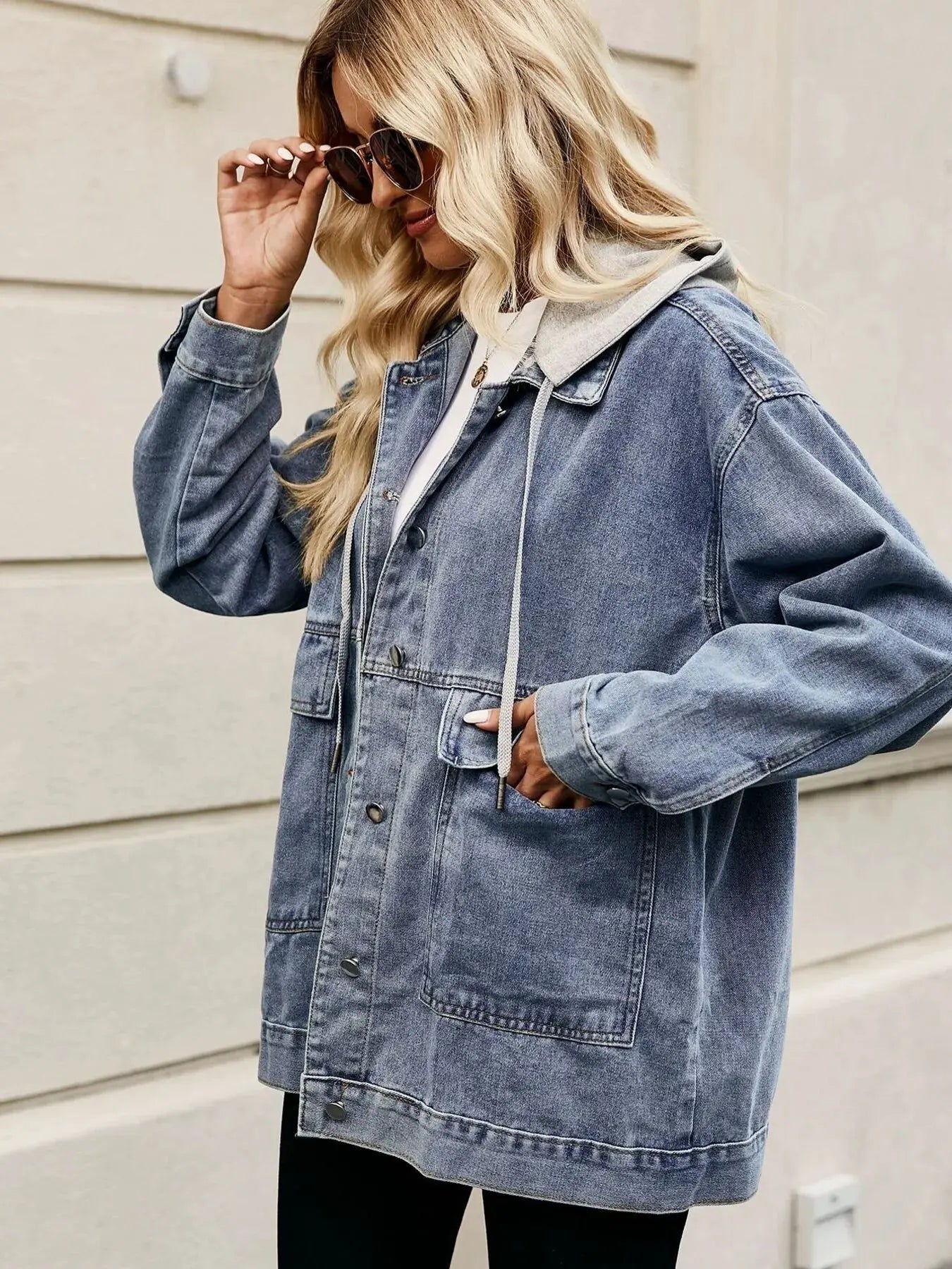 Oversized Button Up Denim Jacket with Hood by Partner Label