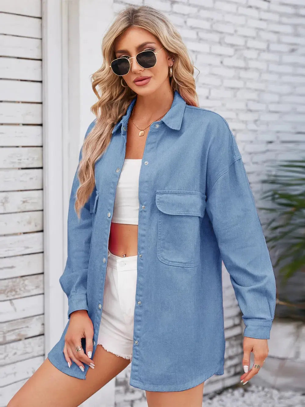 Pocketed Snap Down Dropped Shoulder Denim Shacket by Partner Label