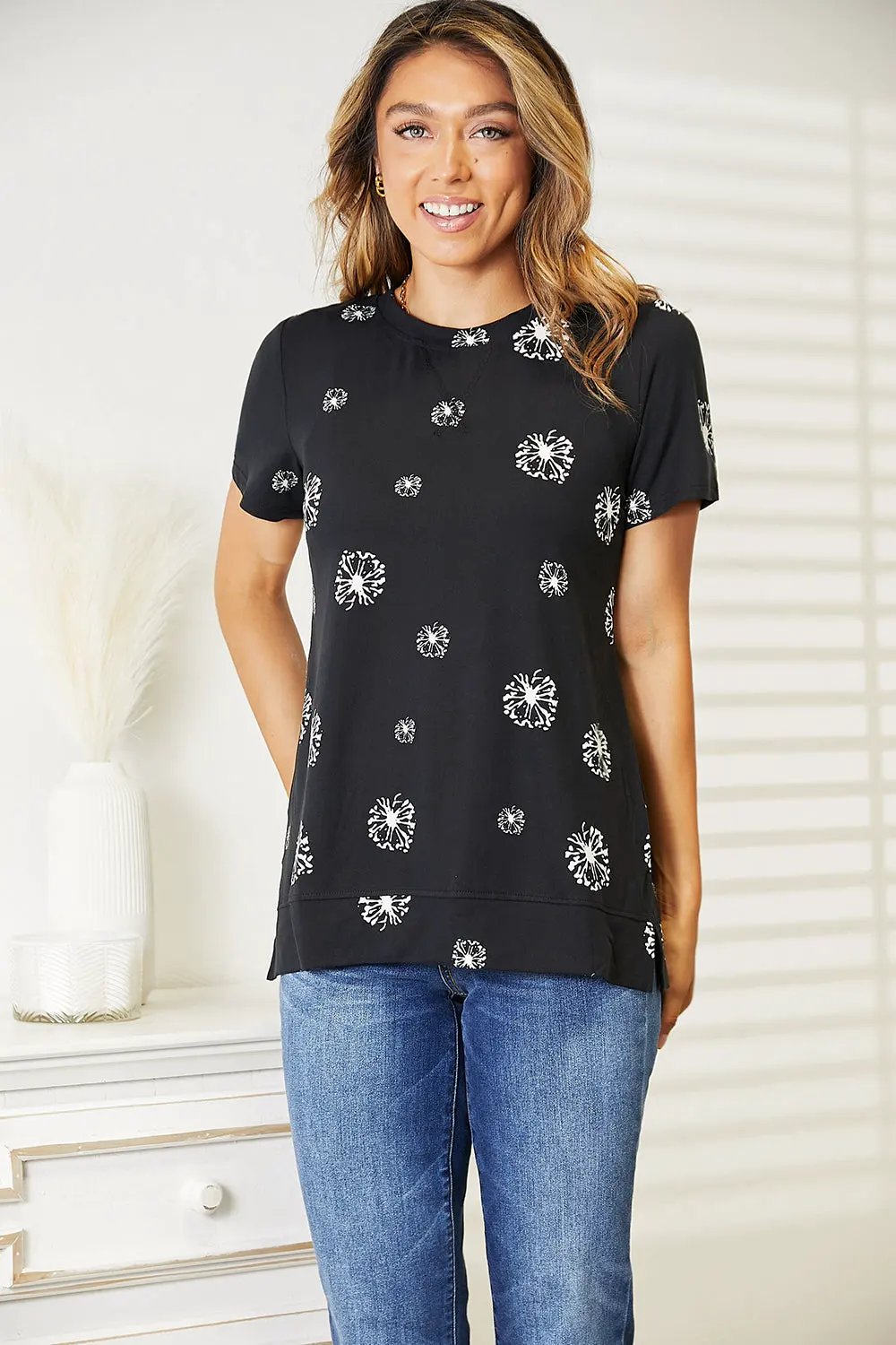 Double Take Dandelion Print Round Neck T-Shirt by Partner Label