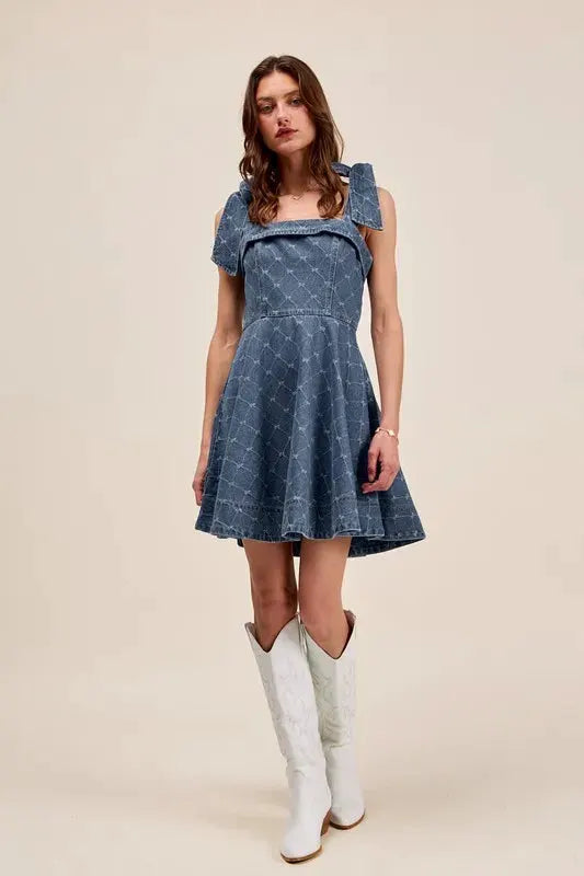SO ME A Line Fit and Flare Diamond Bow Ribbon Denim Dres by SO ME