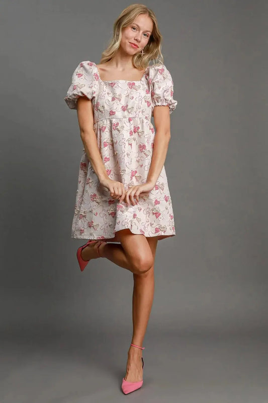 Umgee Heart Jacquard Square Neck Puff Sleeve Mini Dress by Umgee