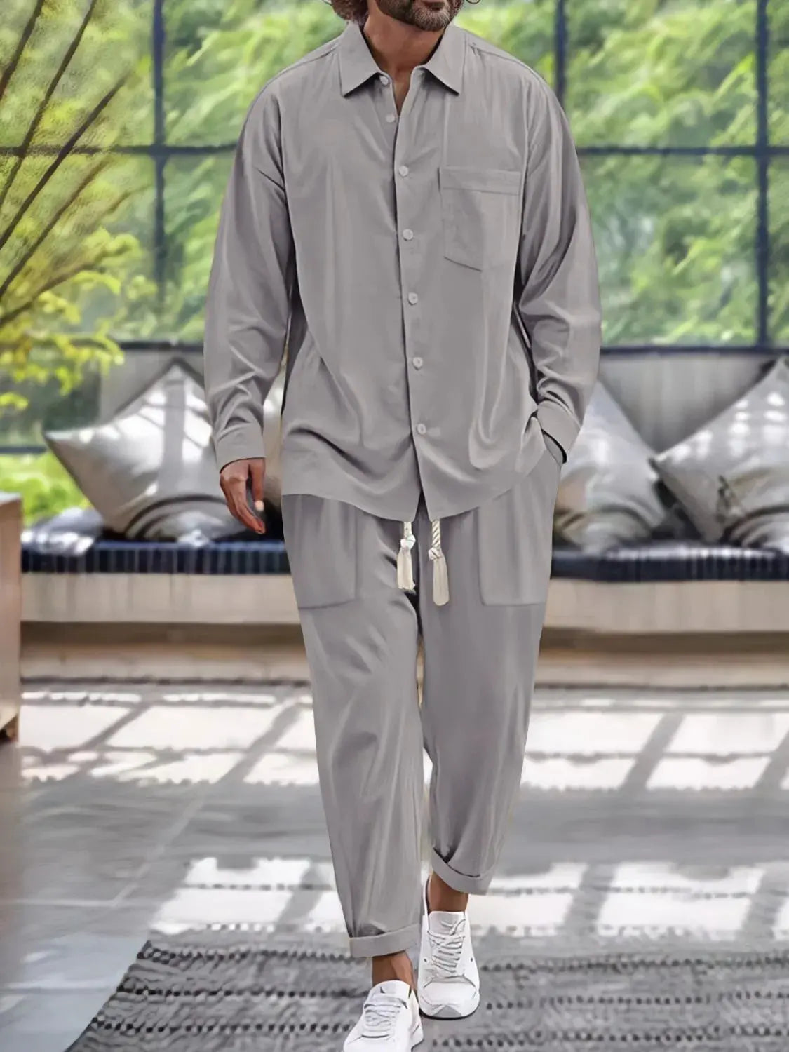 Men's Button Down Long Sleeve Shirt and Pants Set by Trendsi