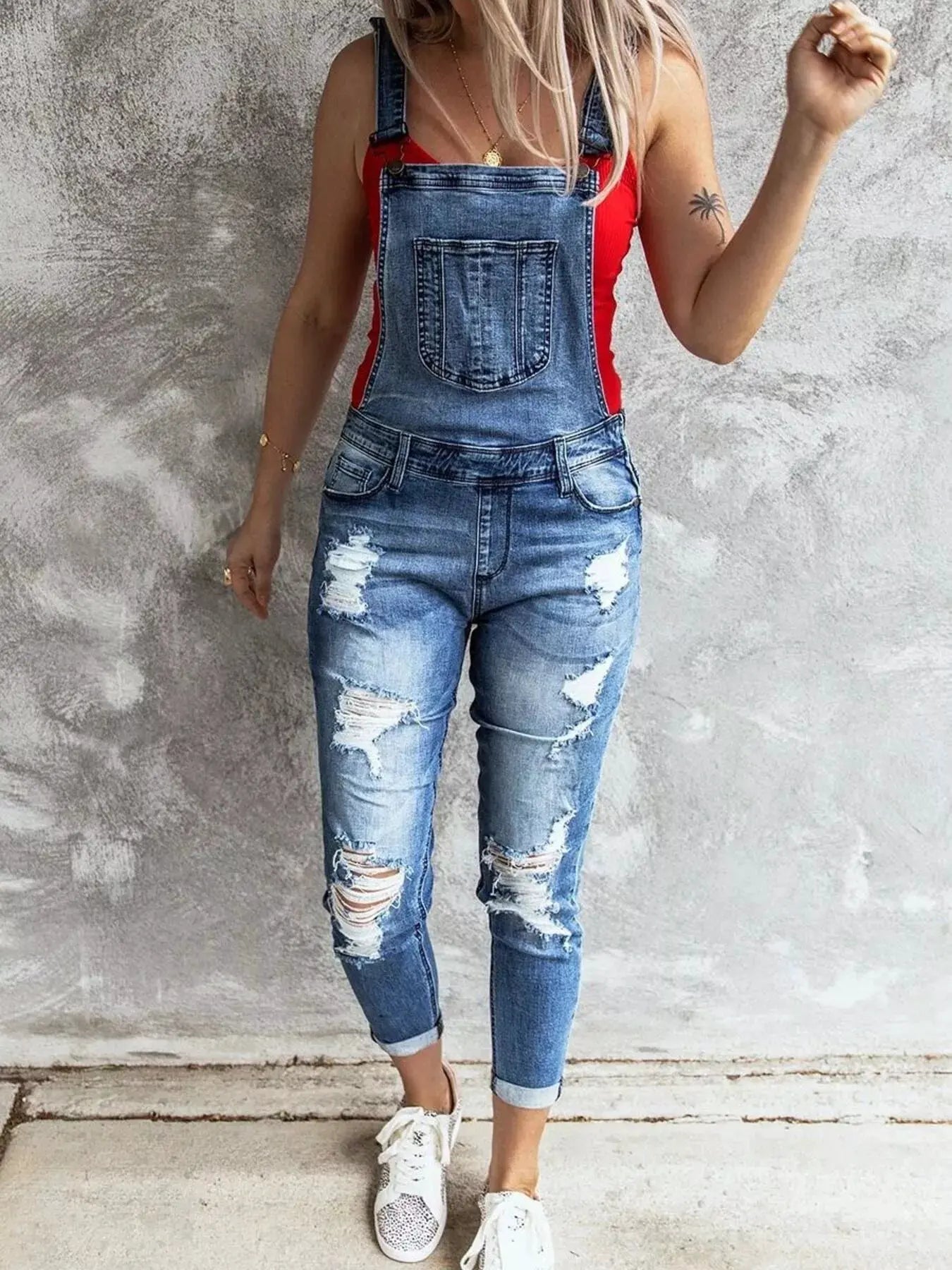 Wide Strap Distressed Denim Overalls by Partner Labels