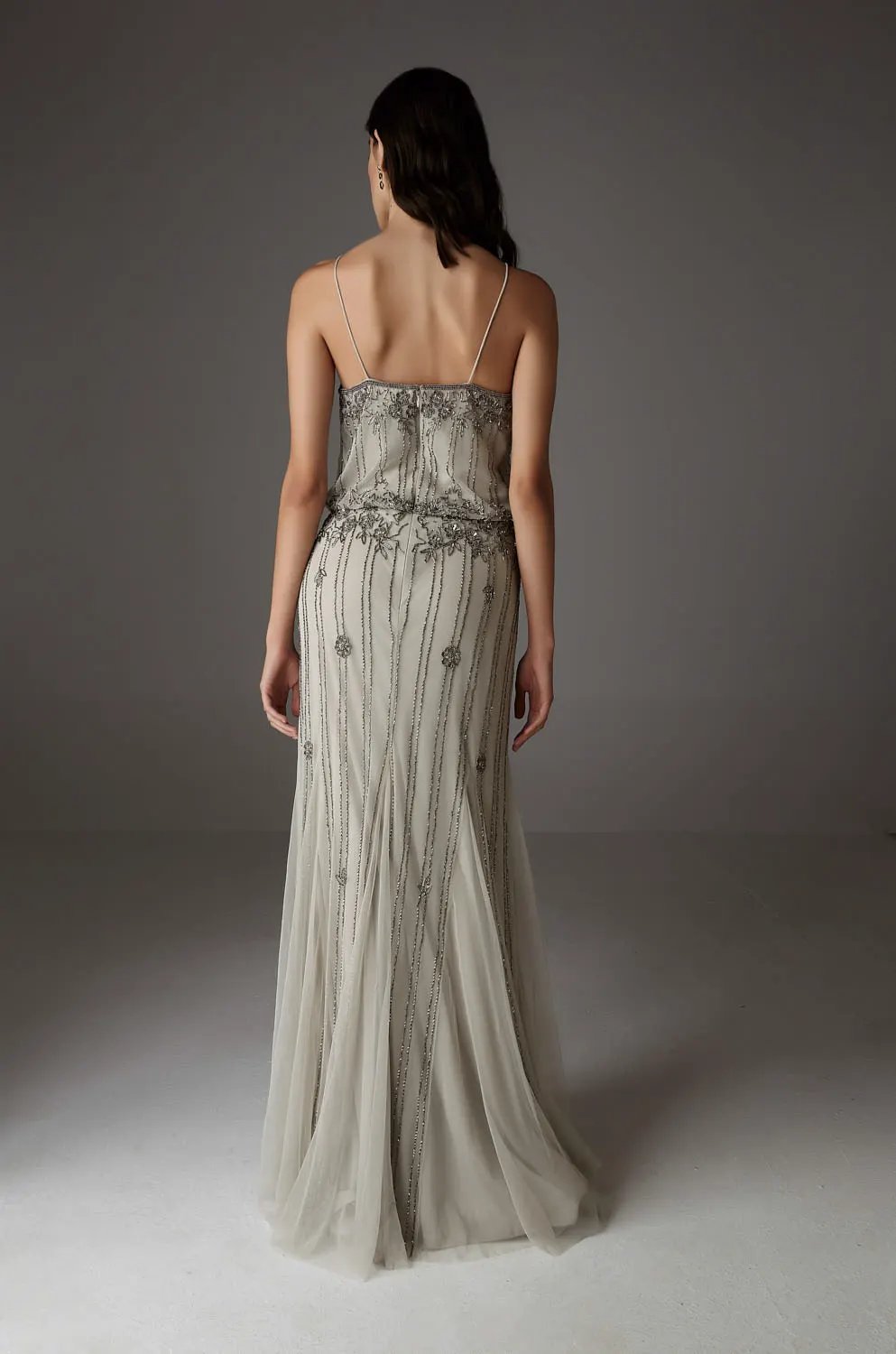 Carla Maxi Hand Embroidered Gown in Soft Silver Tone Made in Spain by Ceylan Bcn