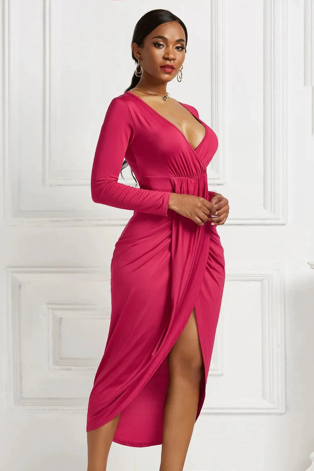 High-low Ruched Surplice Long Sleeve Dress by Partner Label