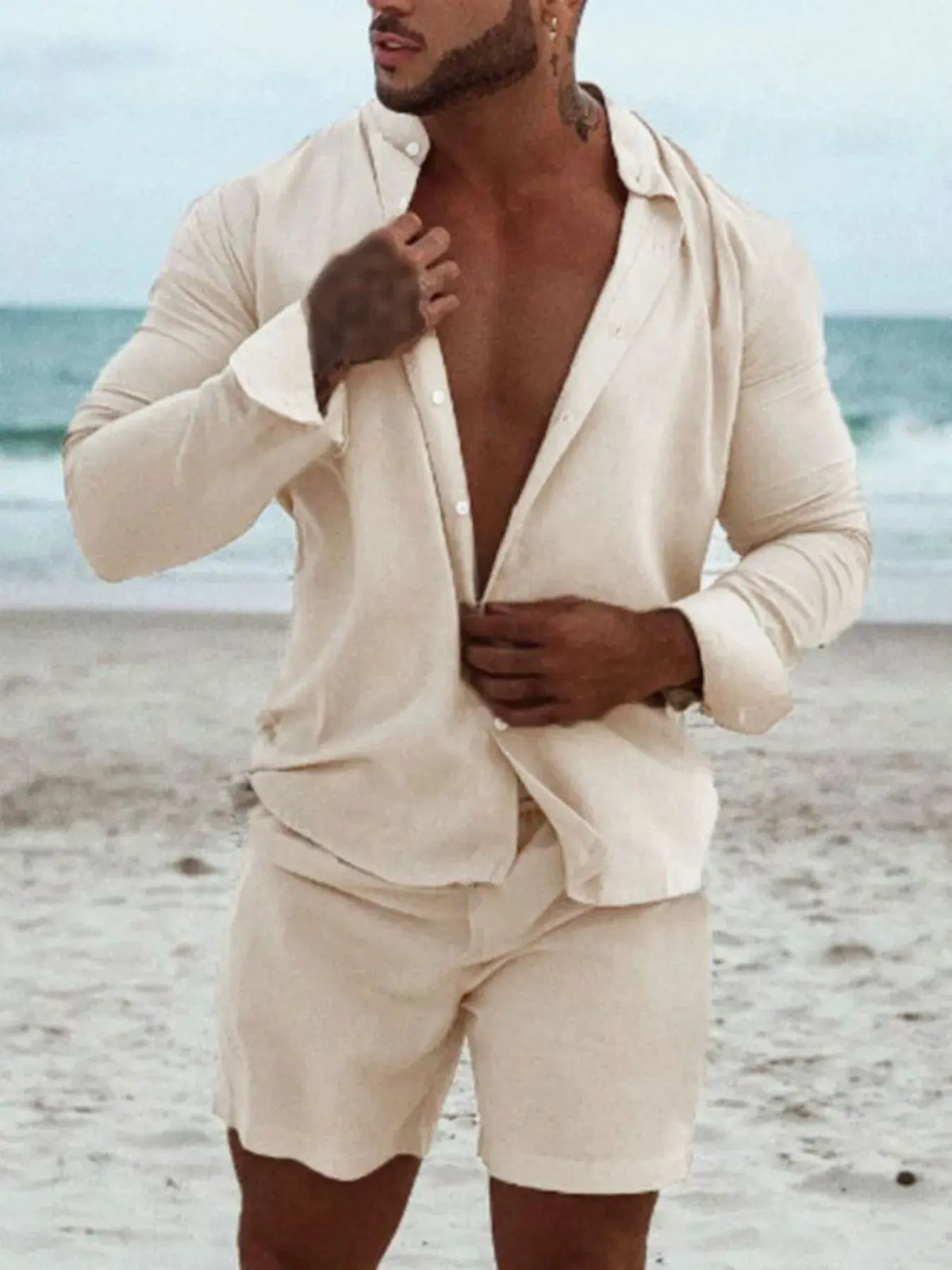 Men's Full Size Button Up Long Sleeve Shirt and Shorts Set Plus Size by Trendsi