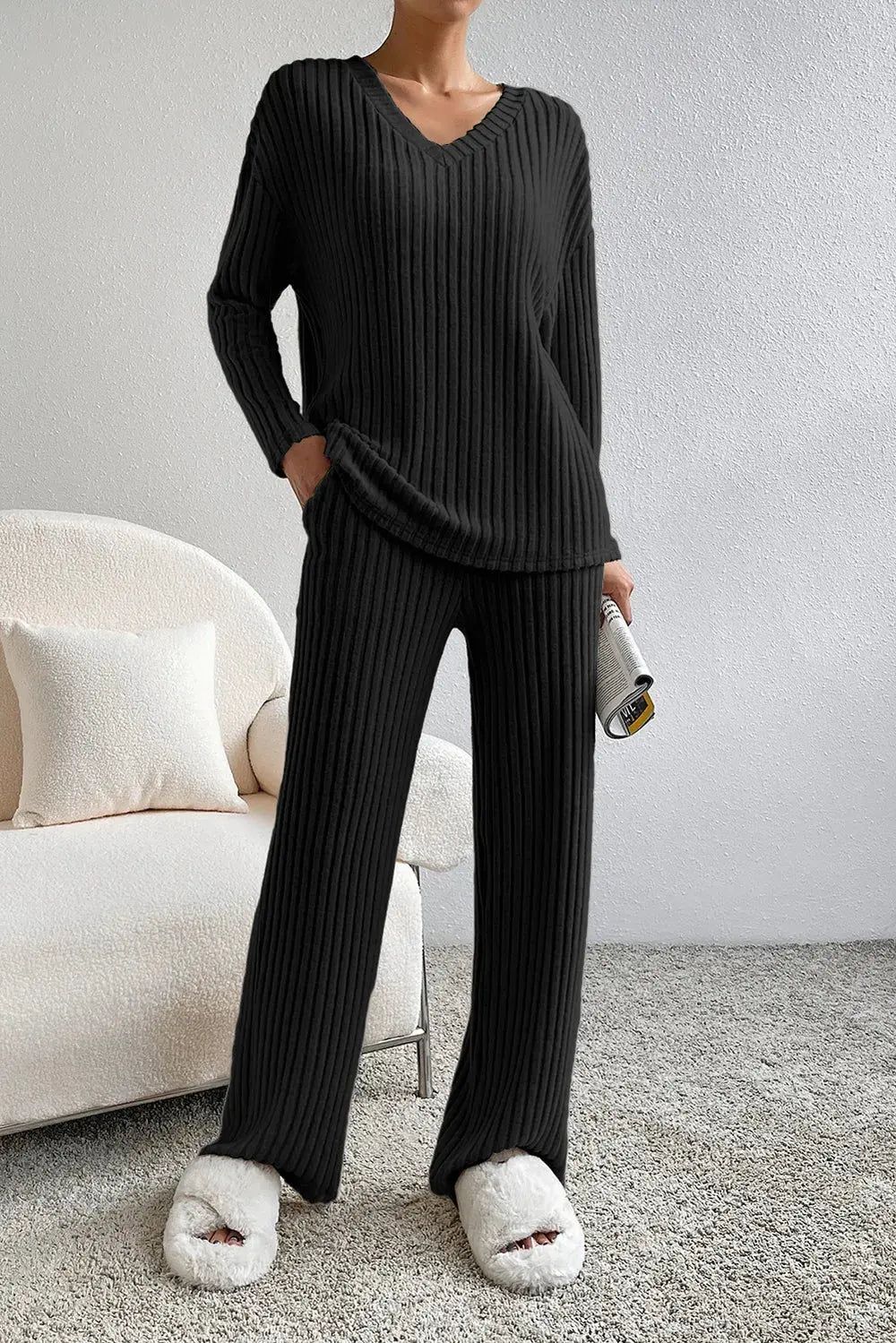Ribbed V-Neck Top and Pants Lounge Set by Partner Label