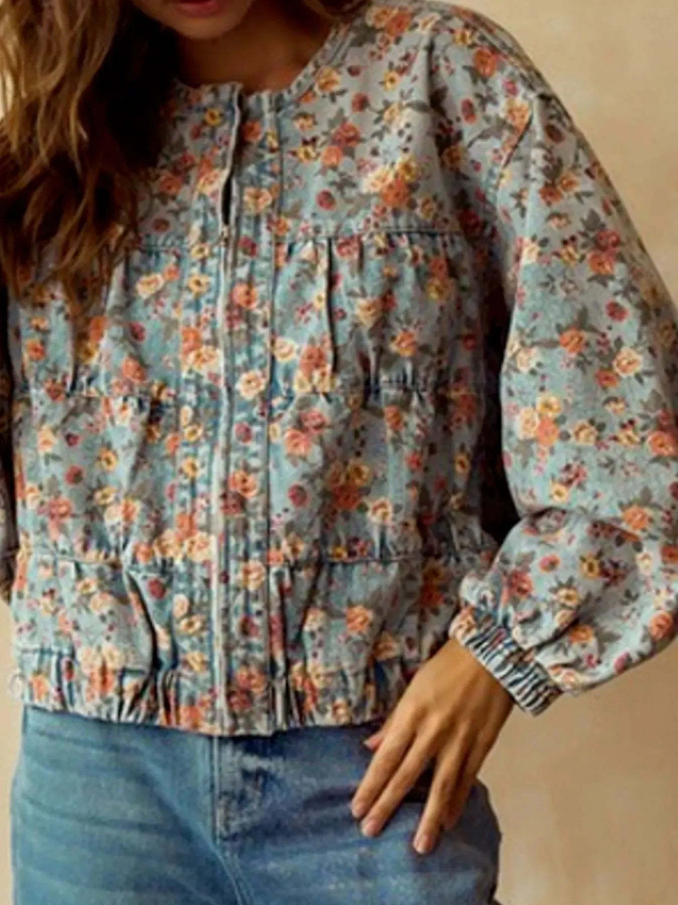 Floral Print Zip Up Cropped Denim Jacket by Partner Label