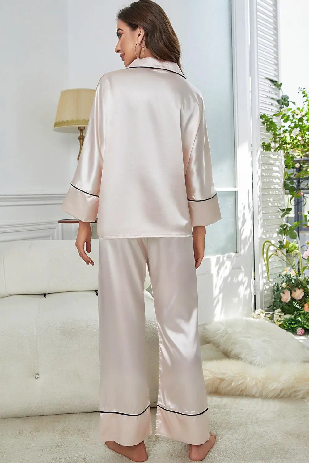 Contrast Piping Button-Up Top and Pants Pajama Set by Partner Label