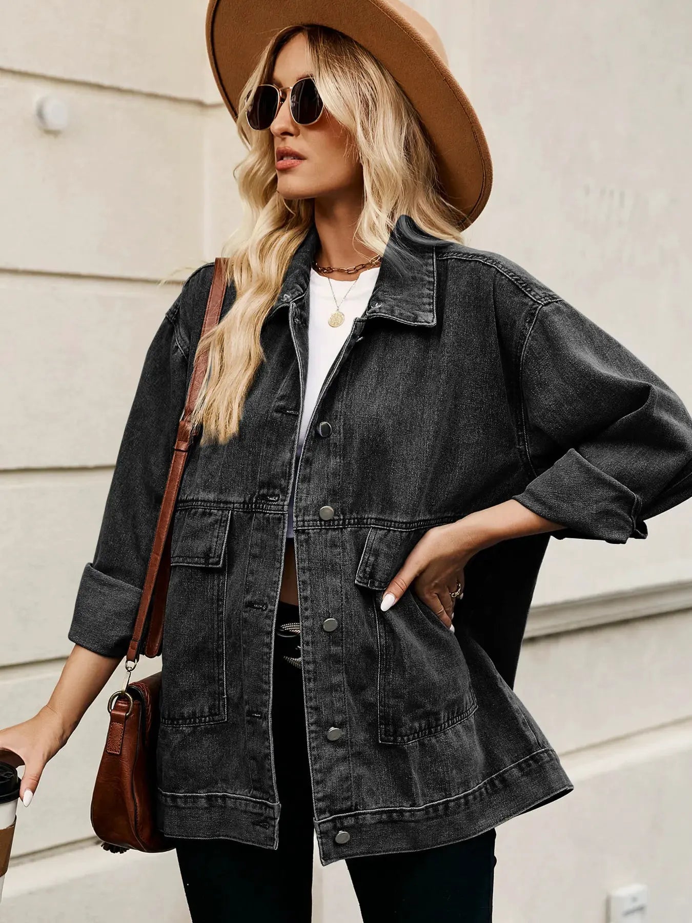 Oversized Button Up Denim Jacket with Hood by Partner Label