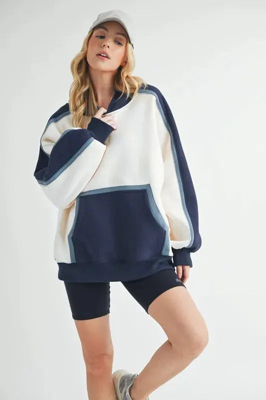 Aemi + Co Color Block Kangaroo Pocketed Hoodie by Partner Label