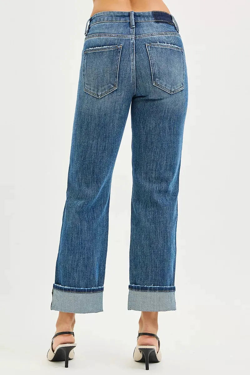 RISEN Full Size 4 Way Stretch Slouchy Straight Jeans with Cuffed Hem Plus Size by RISEN