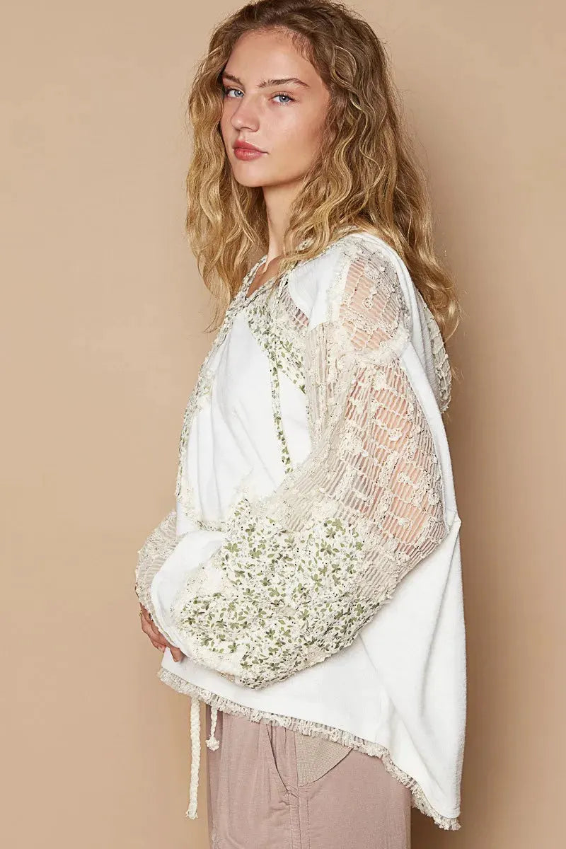 POL Star Patch Lace Contrast Long Sleeve Hooded Top by POL