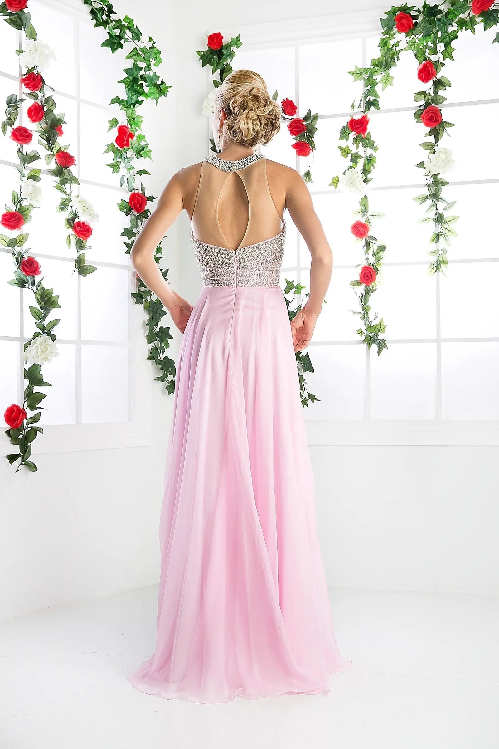 Illusion High Halter on Chiffon Dress by Tux-USA