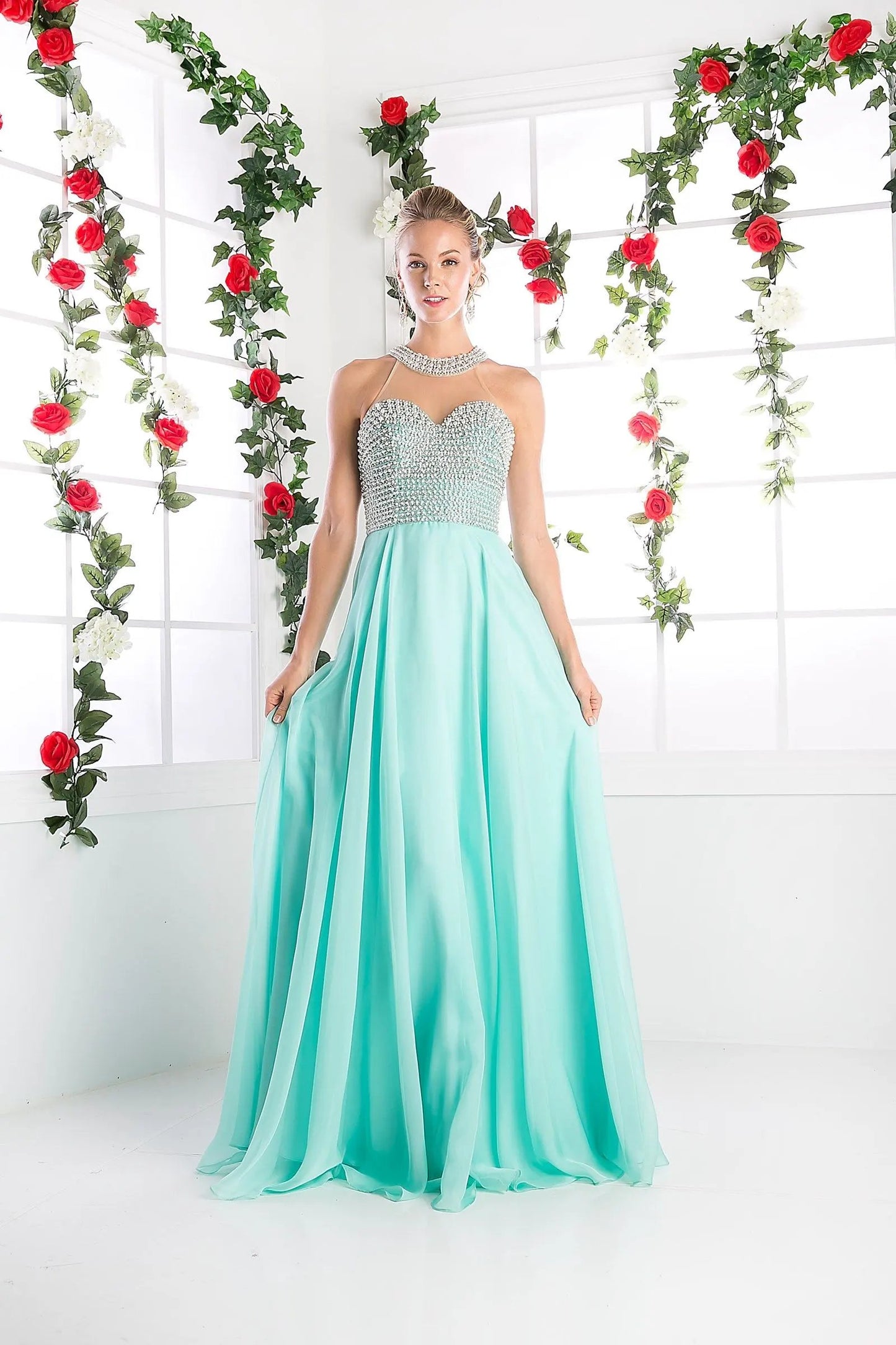 Illusion High Halter on Chiffon Dress by Tux-USA