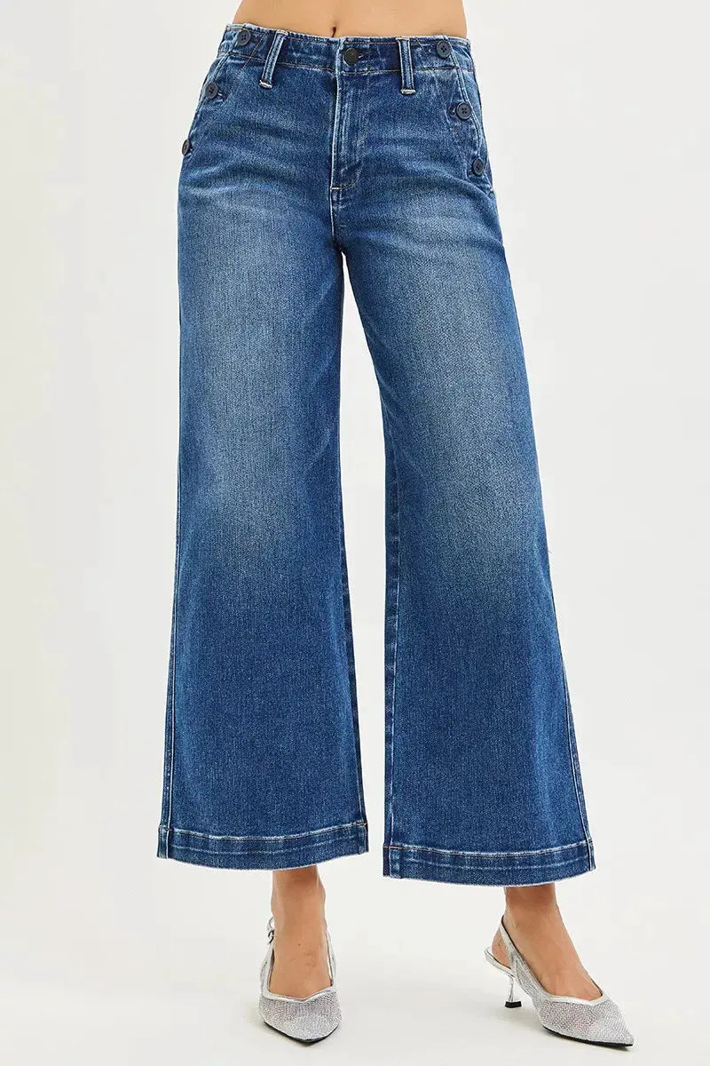 RISEN High Rise Wide Leg Jeans With Pocket Button Detail by RISEN