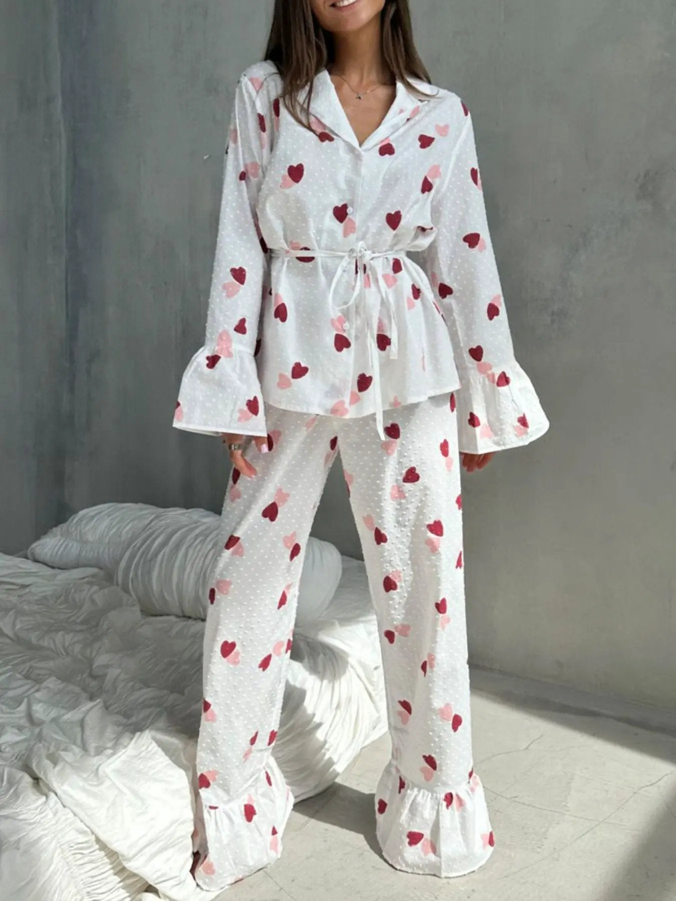 Heart Print Long Sleeve and Pants Lounge Set by Partner Label