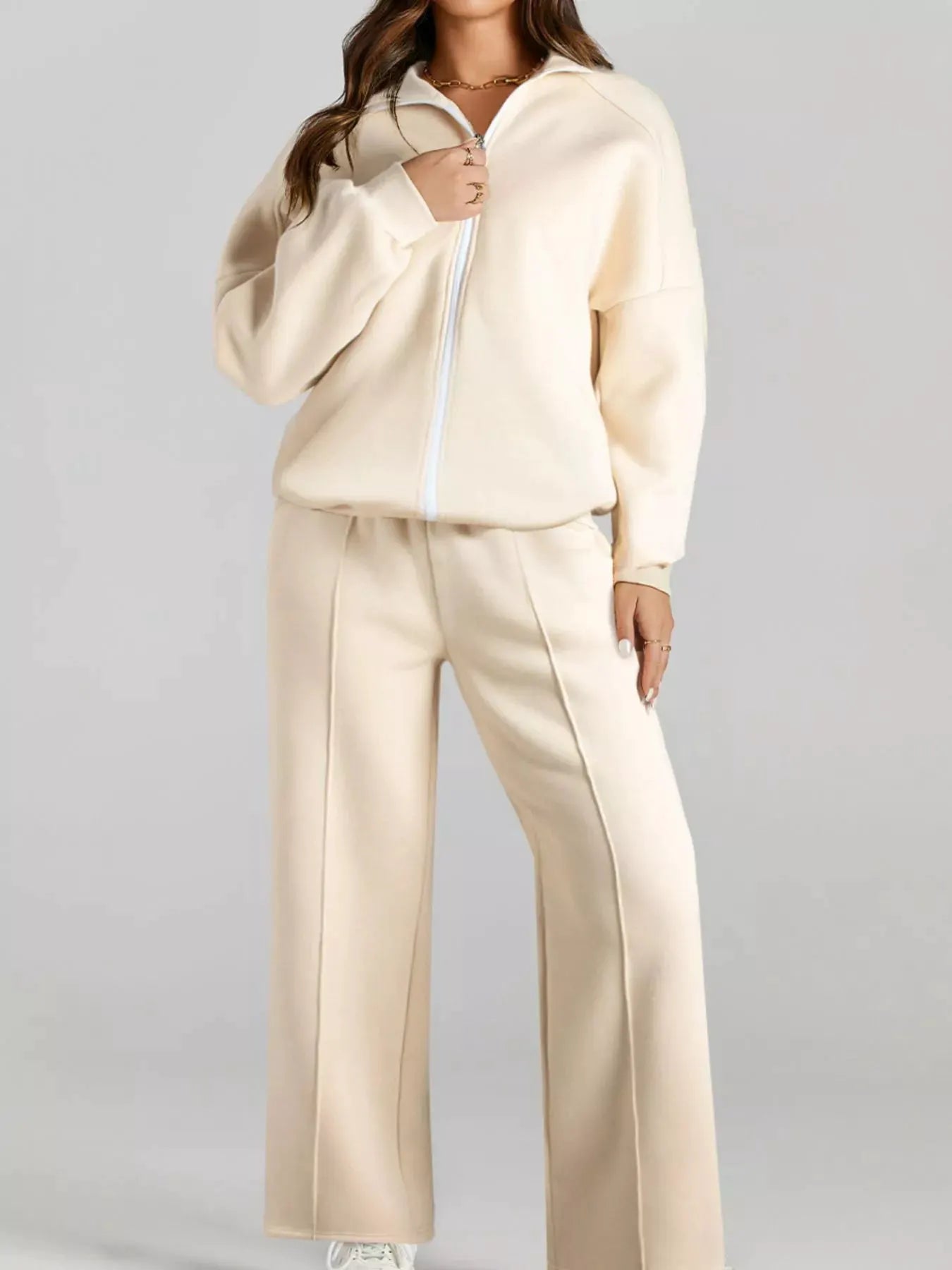 Drop Shoulder Zip Up Jacket and Drawstring Pants Active 2pcs Set by Partner Label