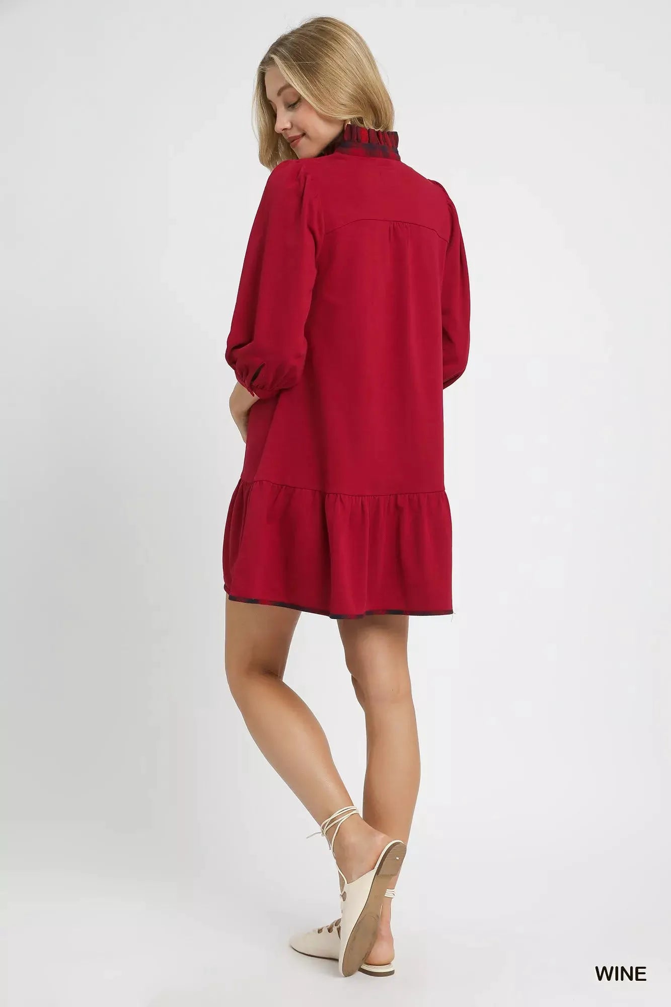 Umgee French Terry Ruffle Hem Dress with Plaid Trim by Umgee