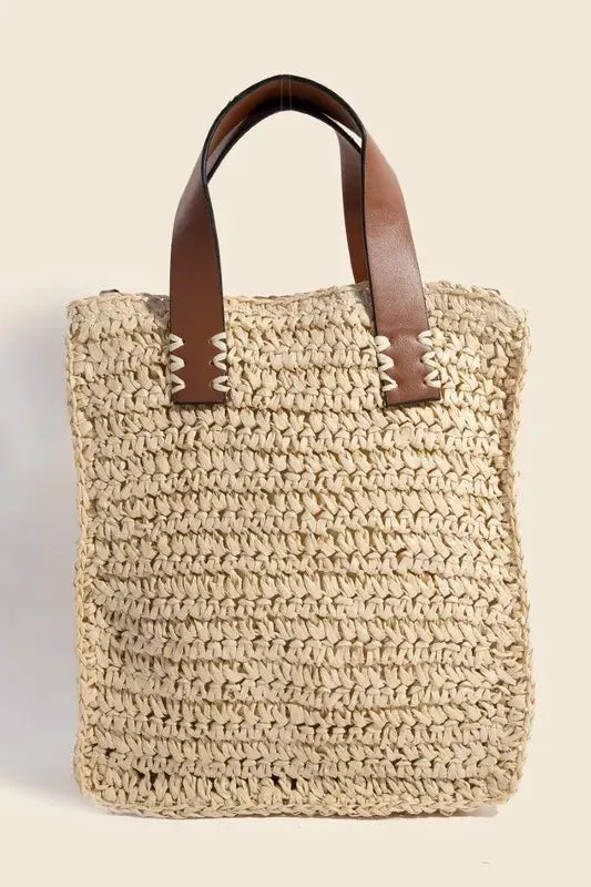 Fame Faux Leather Handle Straw Braided Handbag by Fame