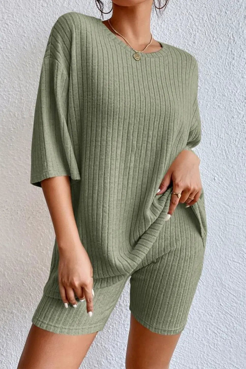 Round Neck Ribbed Top and Shorts Lounge Set by Partner Label