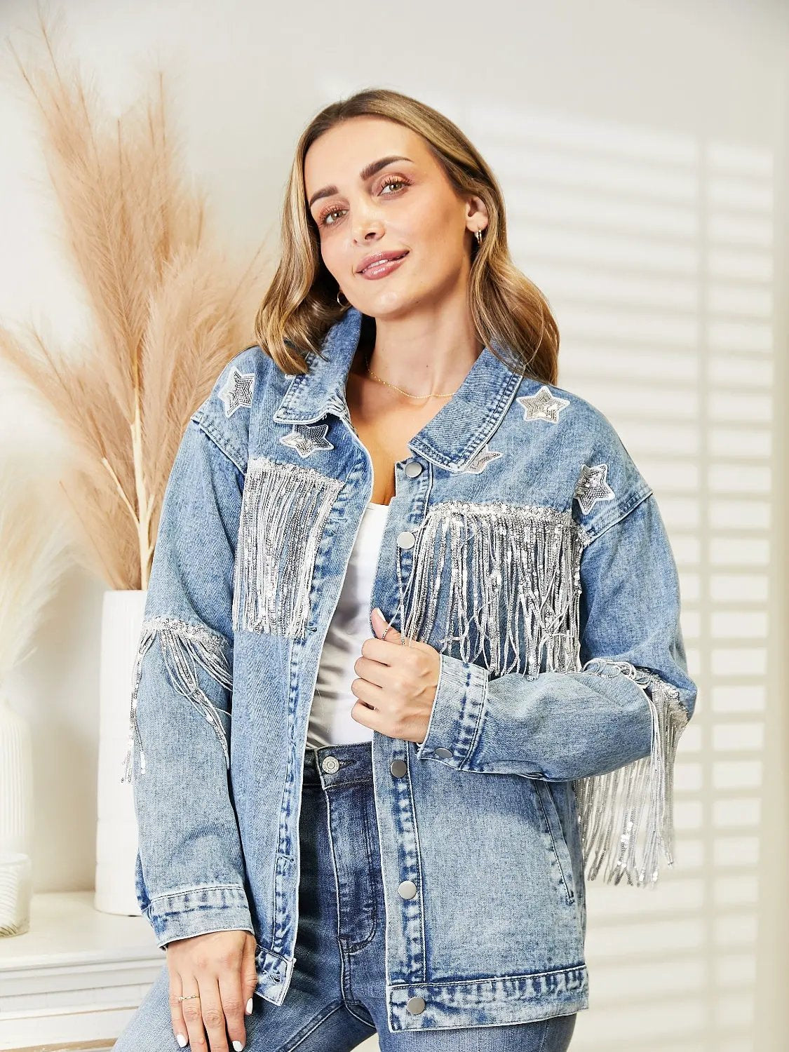 Fringe Detail Long Sleeve Denim Jacket by Partner Label
