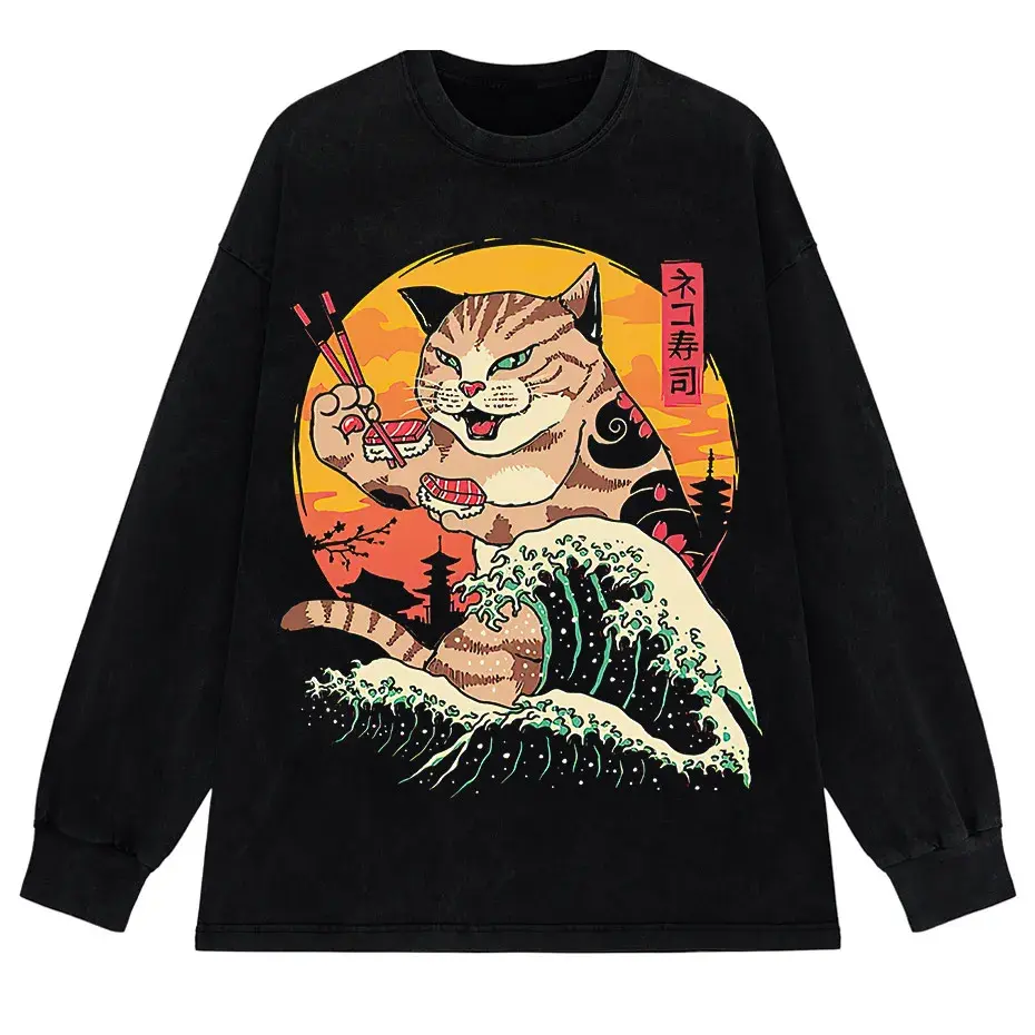 Japanese Genki Cat Anime Print Men's T-Shirt Casual O-Neck by Vimost Shop