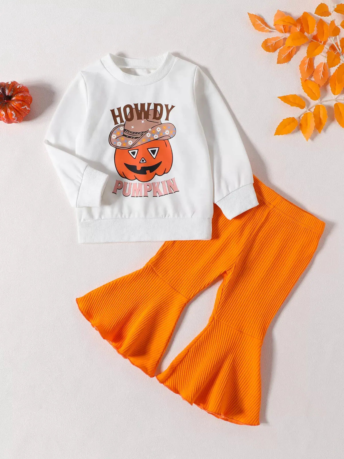 Children's Howdy Pumpkin Graphic Long Sleeve Sweatshirt and Ribbed Bell Pants Set by Trendsi