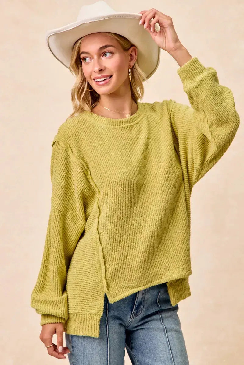 BiBi Boucle Rib Knit Uneven Hem Sweater With Open Seam by BiBi